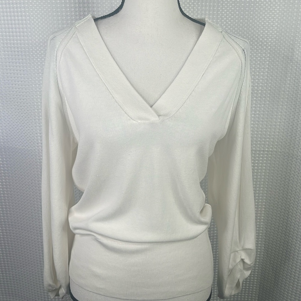 Brochu Walker Cotton Blend Pullover Top V-Neck Ruched Sleeves Sz S